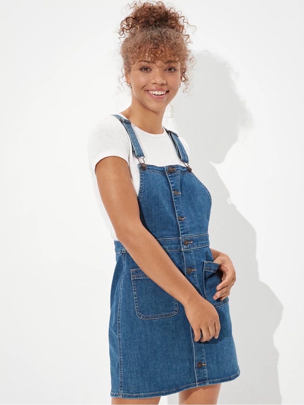 Stretchy Denim Button-Front Overall Dress